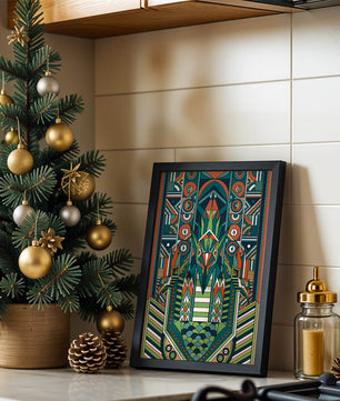 Design géométrique abstrait inspiré de l’Art déco avec des motifs symétriques et un motif animal