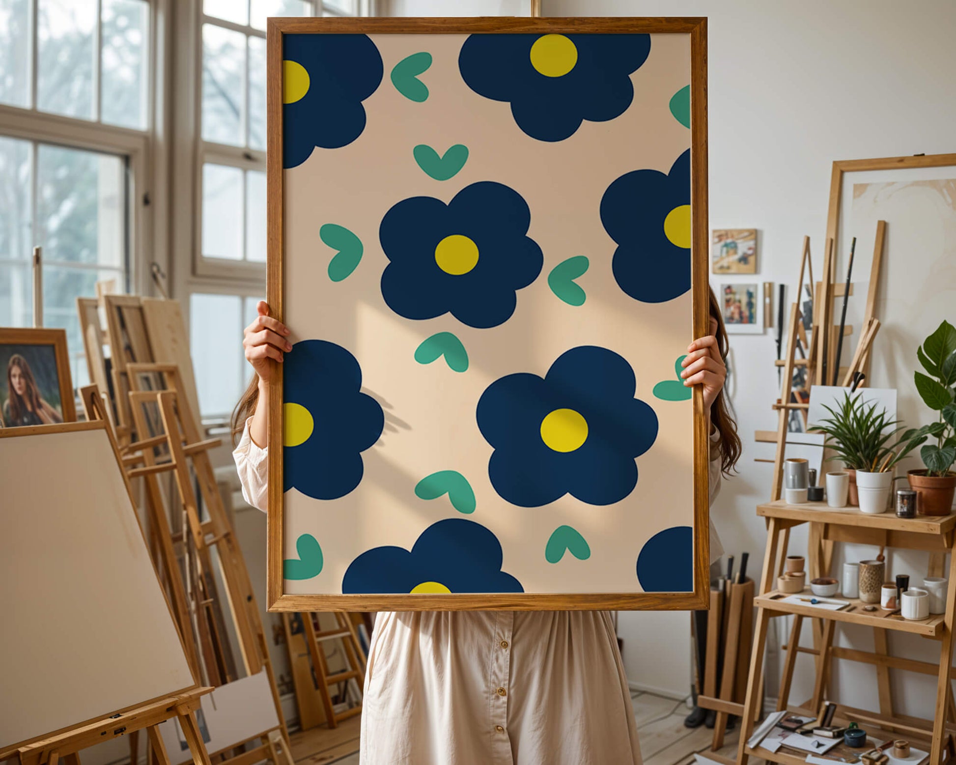 Blue floral pattern with yellow centers on cream background