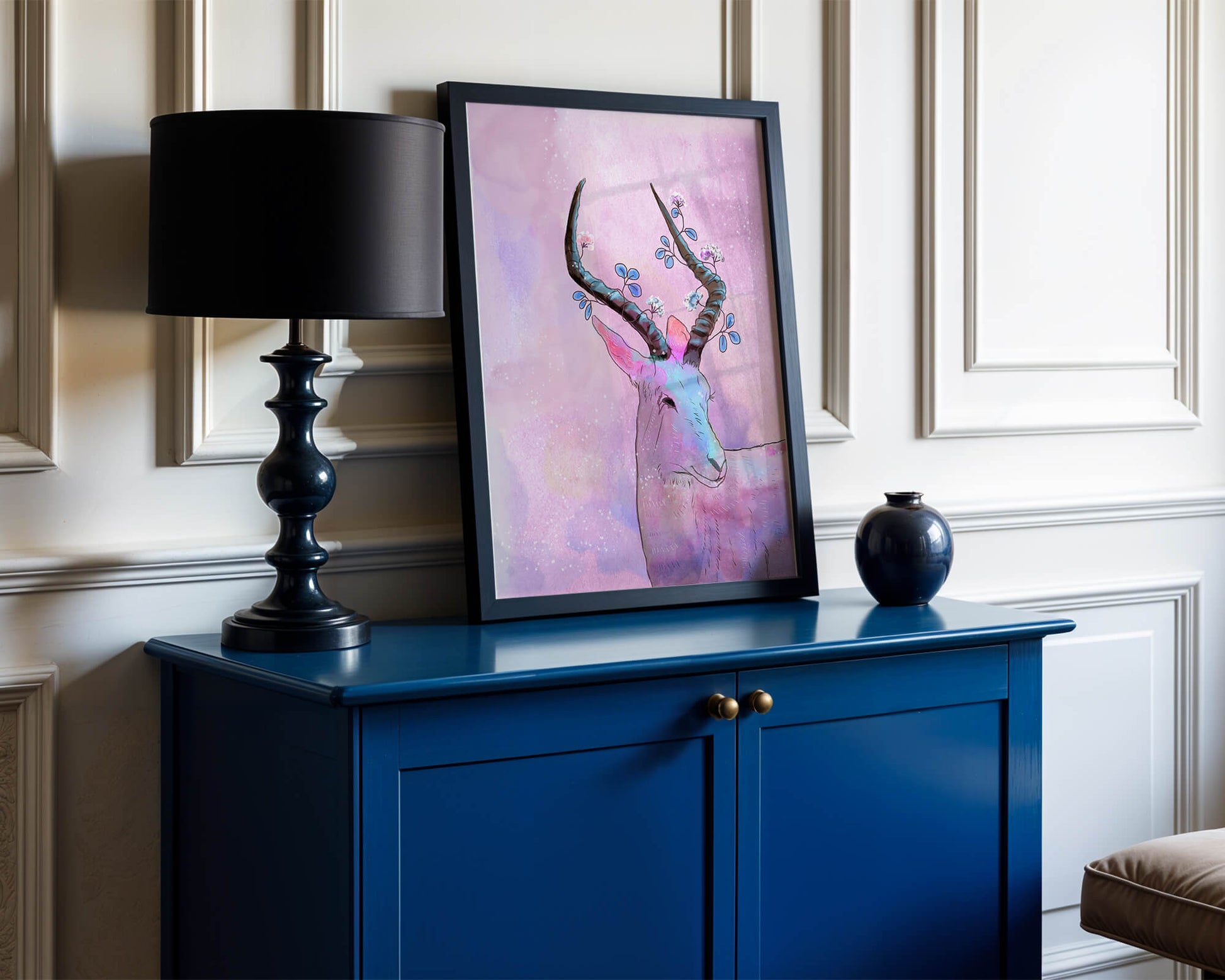 Pastel watercolor illustration of antelope with floral horns