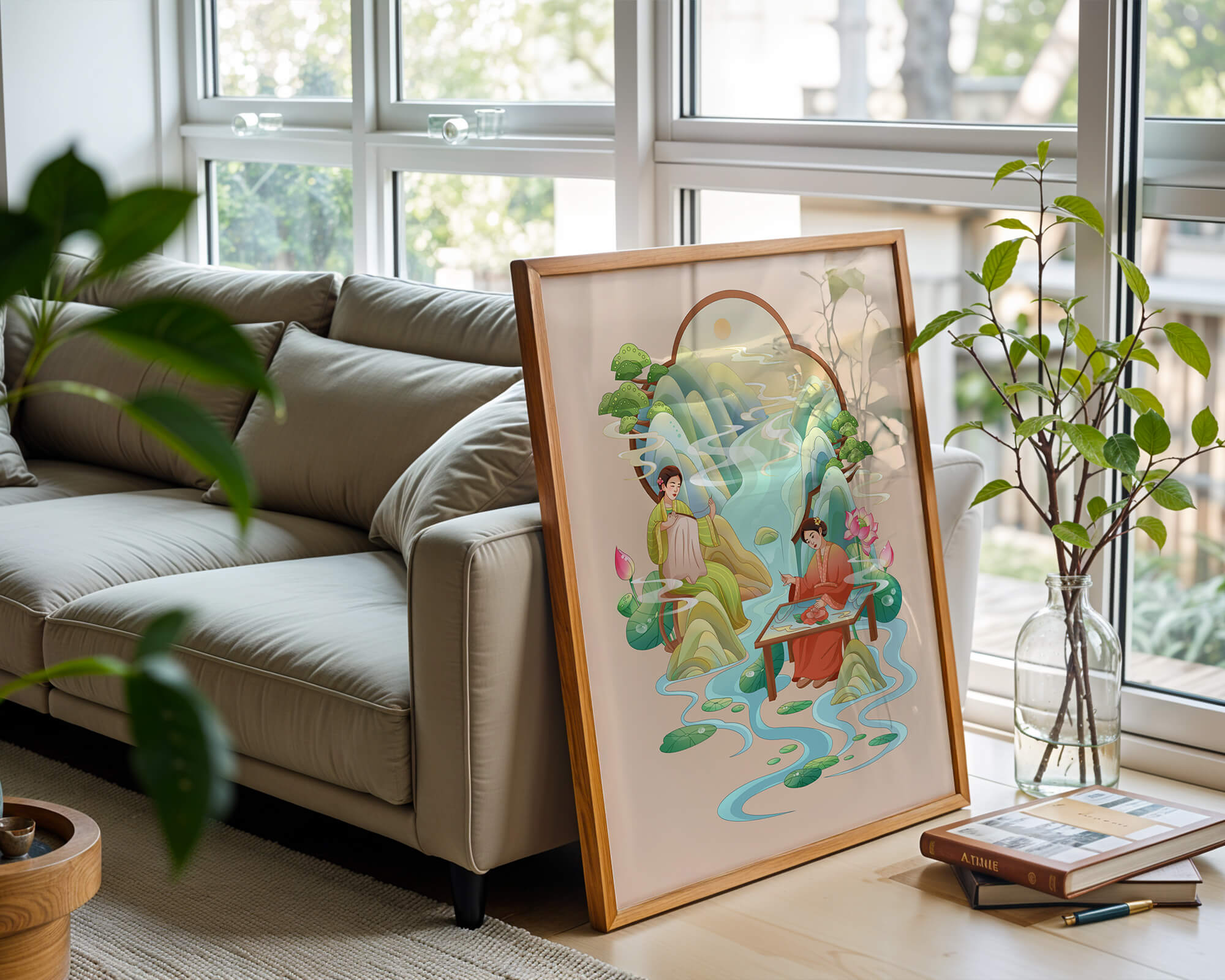 Serene water and nature scene with people in traditional attire