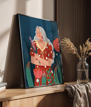 Serene illustration of a woman with flowers under a starry night sky