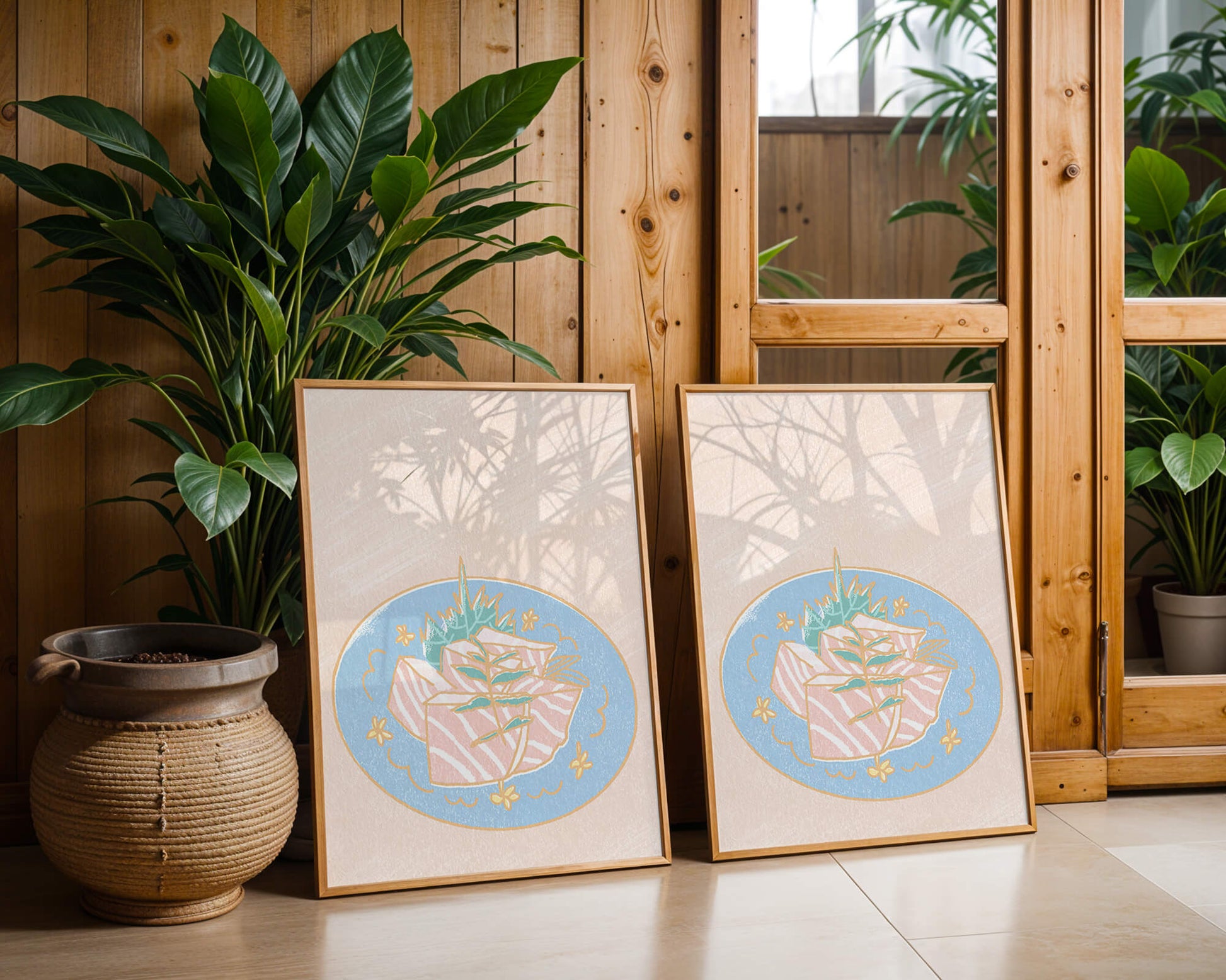 Ilustración de rodajas de sushi fresco en un plato decorativo