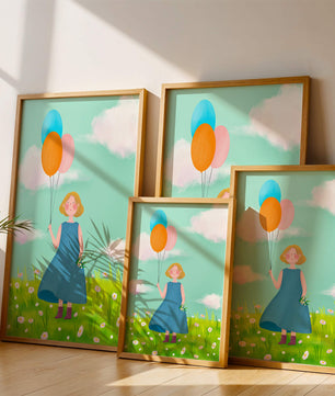Girl with balloons in a field of daisies under a blue sky