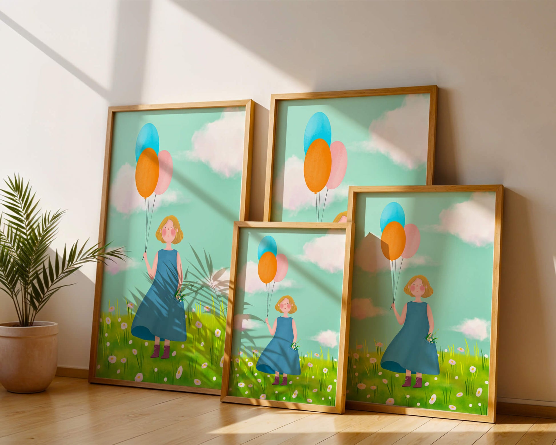 Girl with balloons in a field of daisies under a blue sky