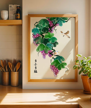 Watercolor grapevine and birds illustration with traditional art style