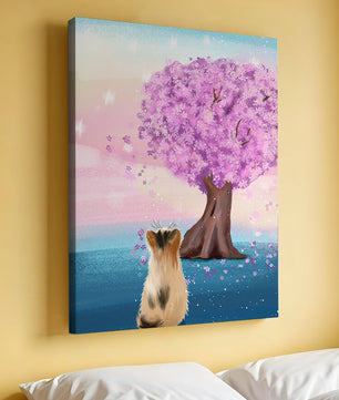 Serene scene with cat and blossoming cherry tree at sunrise