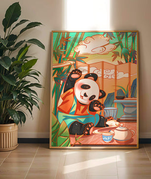 Cheerful Panda Having Tea in a Bamboo Garden - Mi tienda