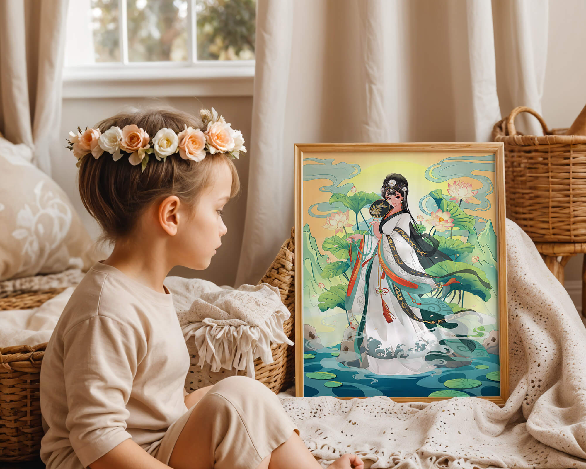 Elegant woman in traditional attire with lotus flowers and serene backdrop