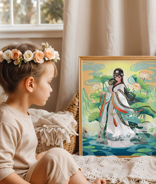 Femme élégante en tenue traditionnelle avec des fleurs de lotus et un décor serein