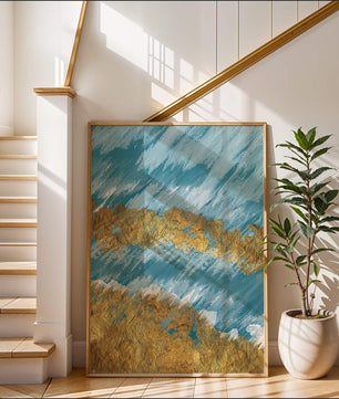 Pintura abstracta con textura dorada y fondo azul