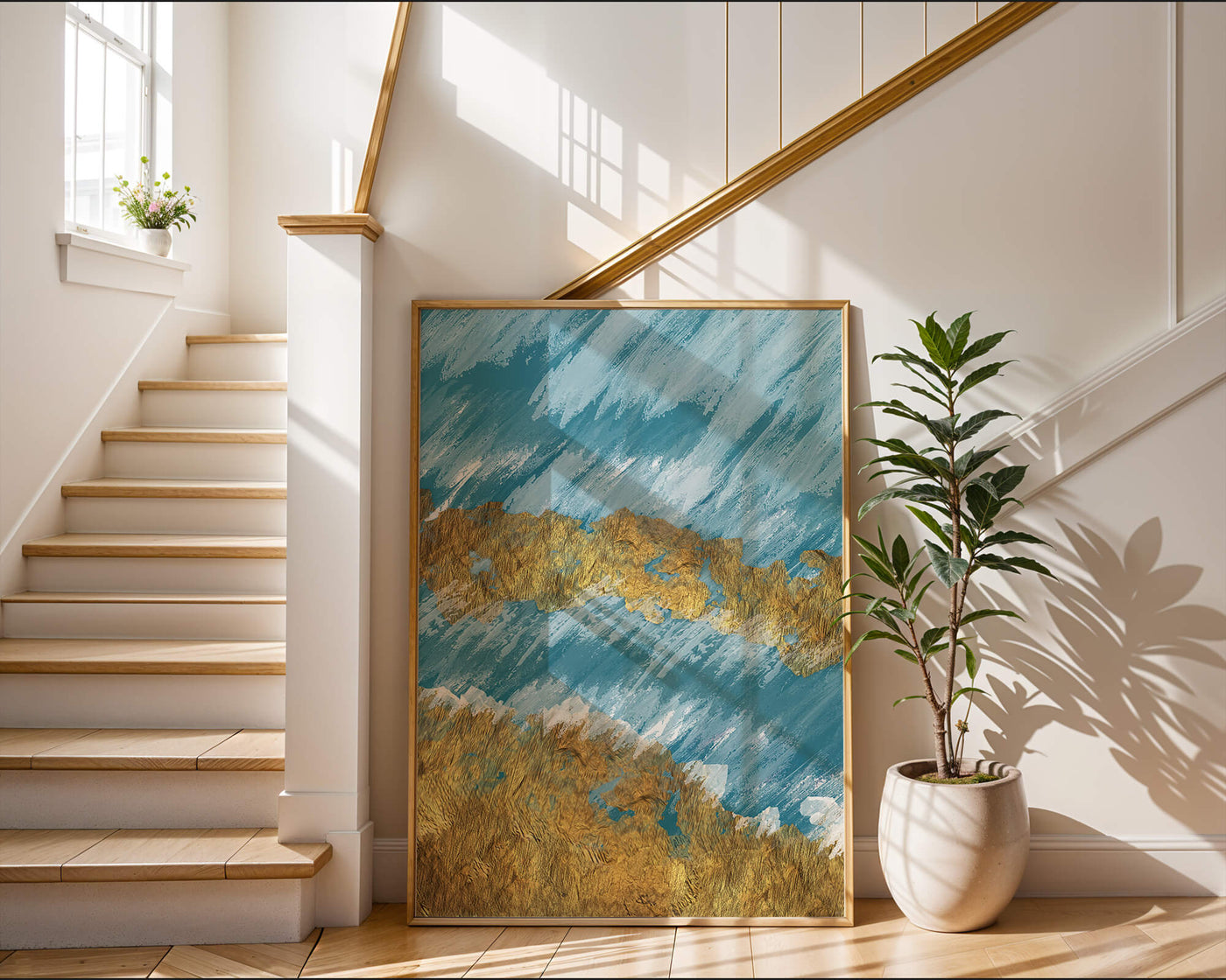 Abstract painting with gold texture and blue background