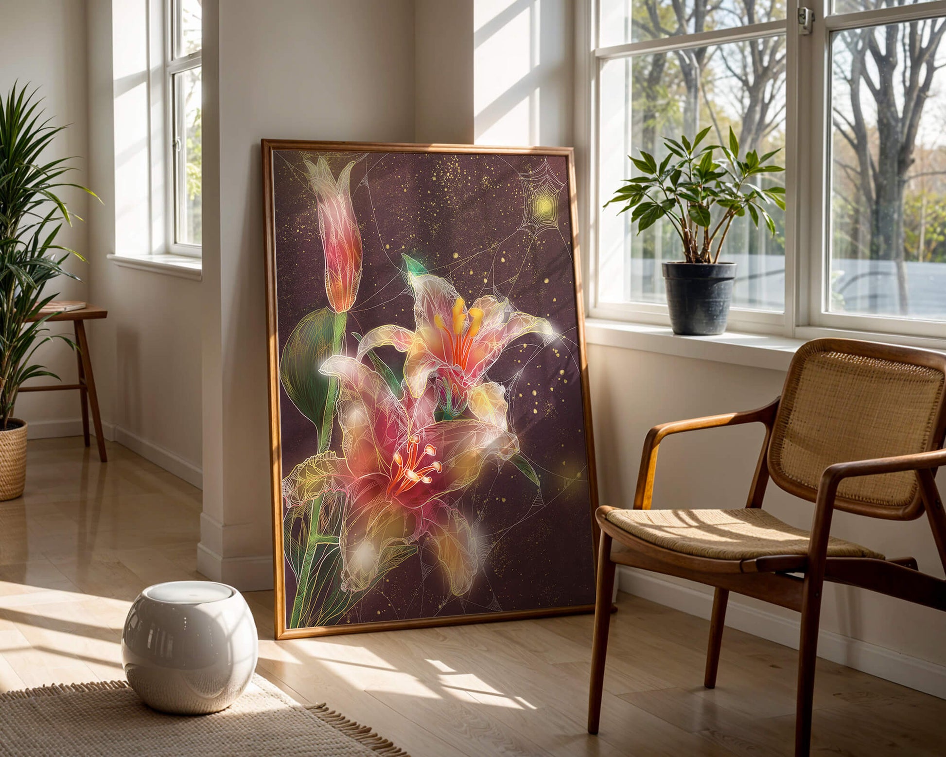 Elegant Floral Composition with Intricate Details and Golden Accents
