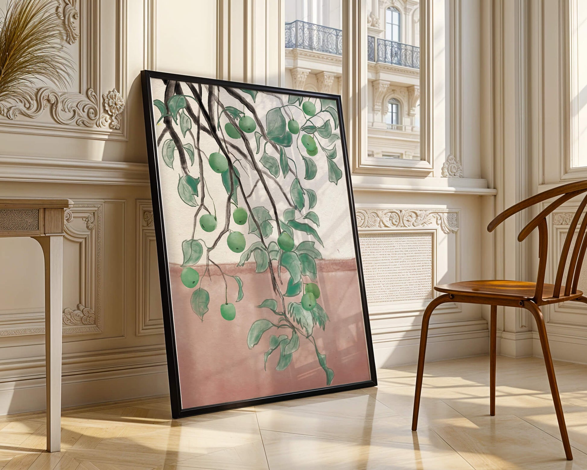 Branches With Green Apples And Leaves Over Pink Background