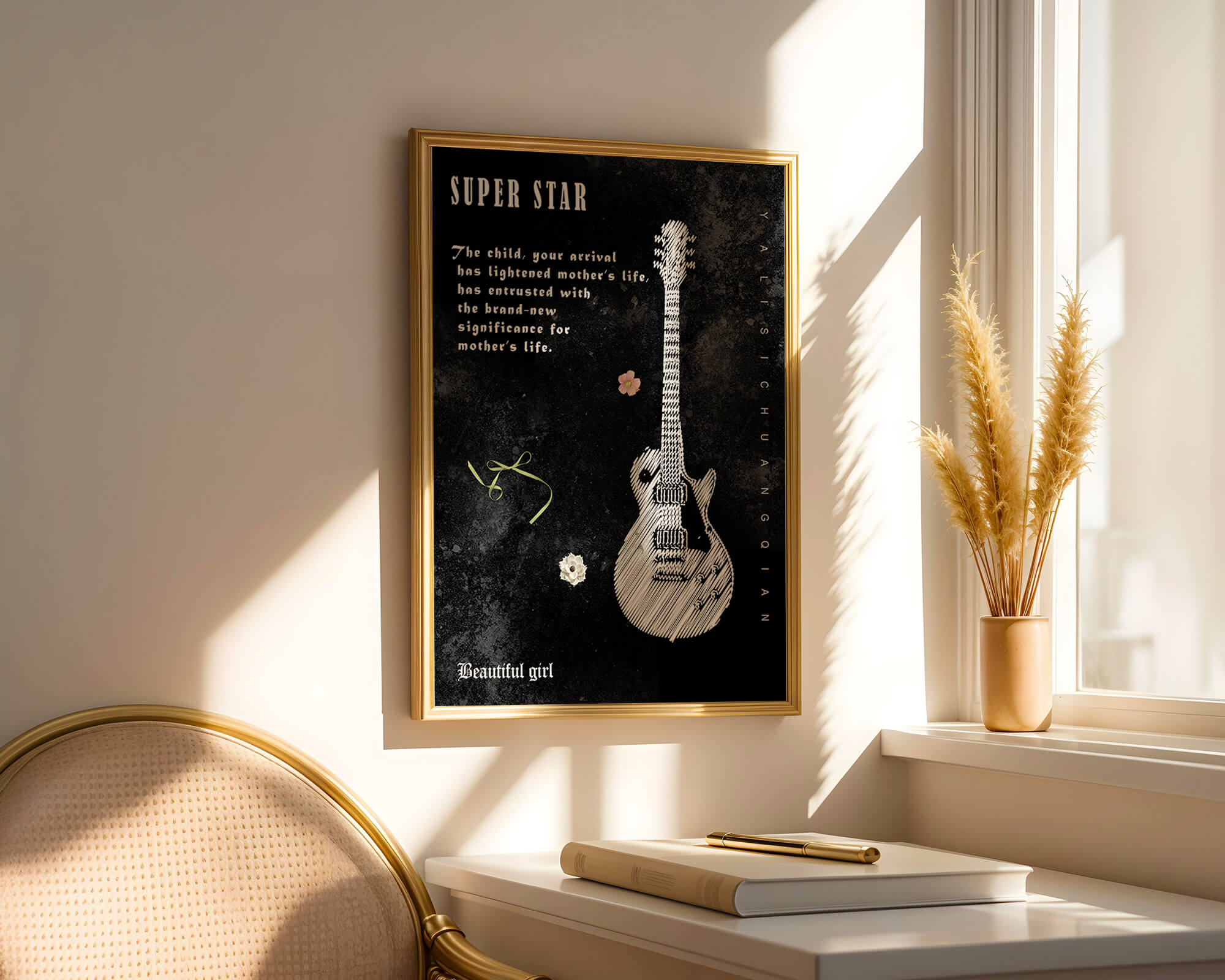 Artistic black and white guitar illustration with heartfelt text