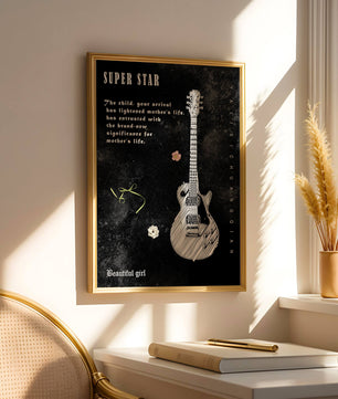 Ilustración de guitarra en blanco y negro artística con texto conmovedor