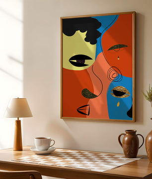 Abstract faces with vibrant colors and gold accents