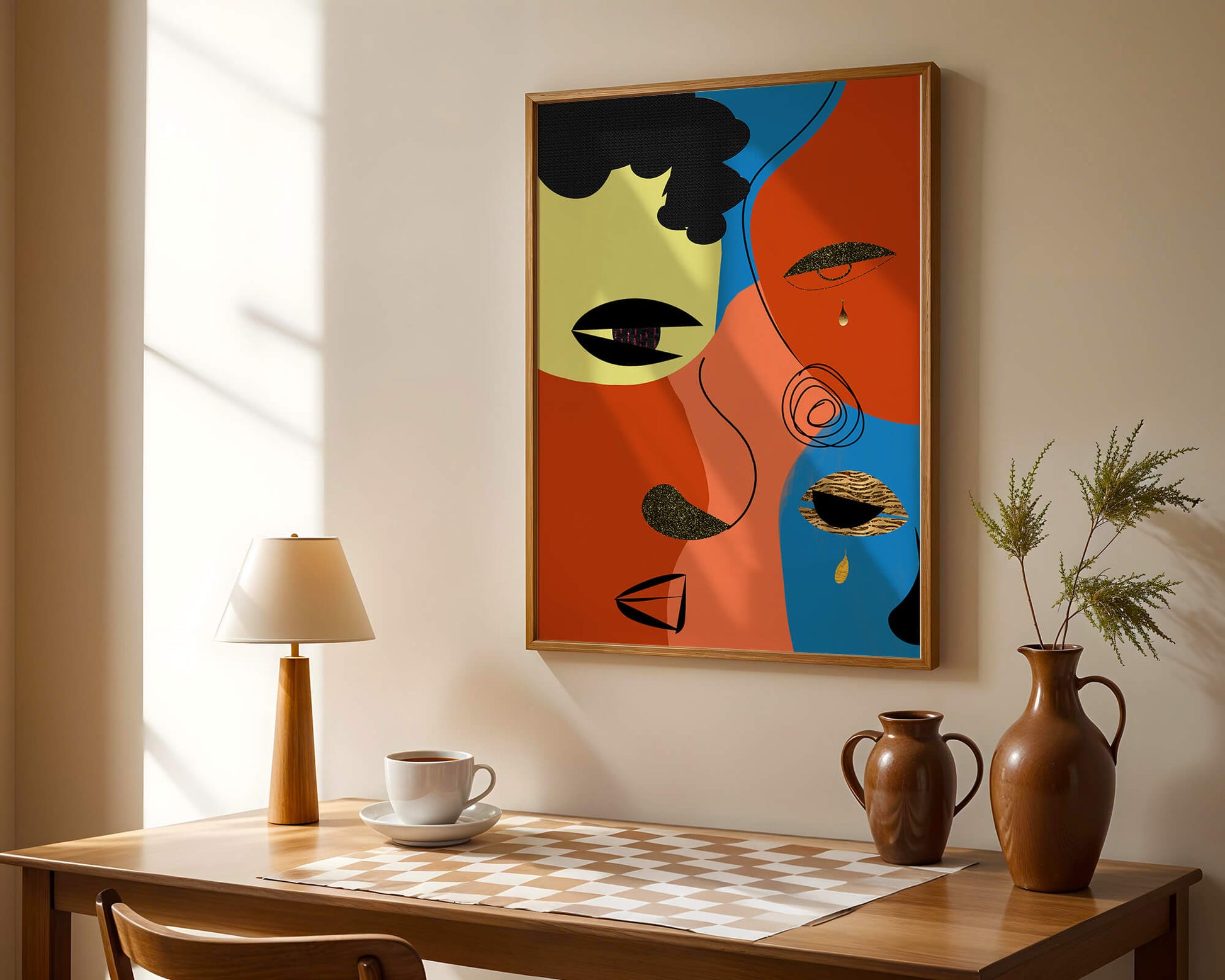 Abstract faces with vibrant colors and gold accents