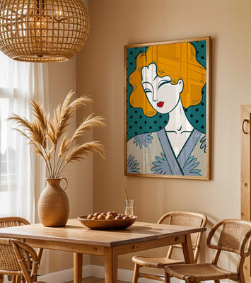 Stylized portrait of a woman with orange hair and floral kimono