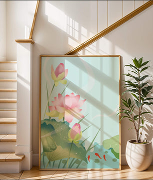 Loteo de flores de loto ilustrativas con hojas y peces koi en un estanque sereno