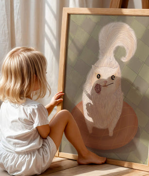 Illustration of fluffy cat with rose on a cushion