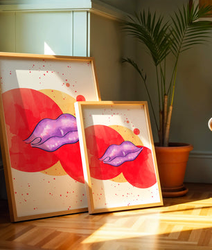 Vibrant Abstract Artwork Featuring Purple Lips on Watercolor Background