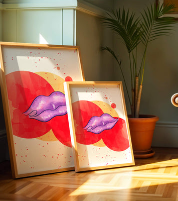 Vibrant Abstract Artwork Featuring Purple Lips on Watercolor Background