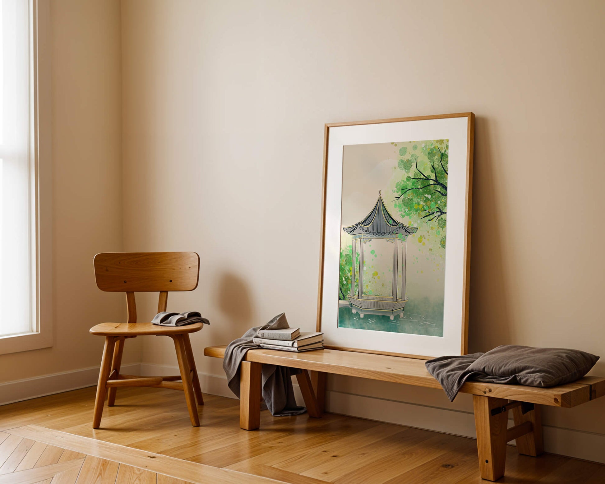 Serene garden gazebo by a tranquil pond with lush greenery