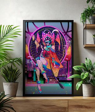 Personaje futurista con atuendo tradicional asiático y telón de fondo de ciudad neón