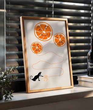Ilustración juguetona de naranjas con un gato y ovillo de hilo