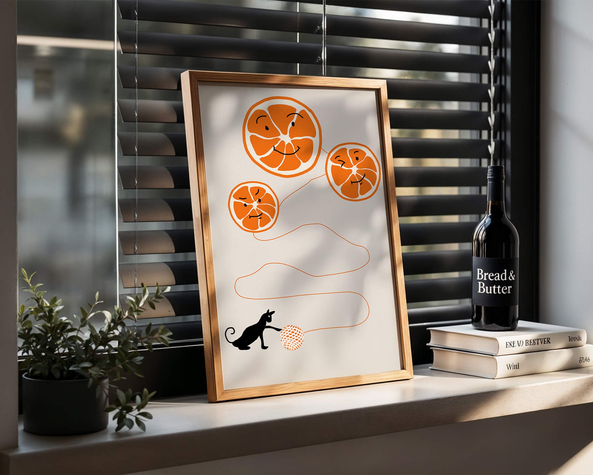 Playful illustration of oranges with cat and yarn