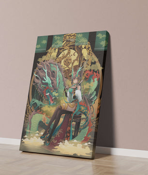 Art fantastique élégant d'une femme avec un dragon majestueux et des éléments dorés