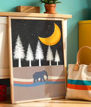 Serene Night Scene with Elephant Under Golden Moon in Forest - Mi tienda
