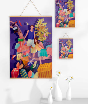 Illustration d'une expérience de shopping joyeuse en famille avec des cadeaux et des couleurs vives
