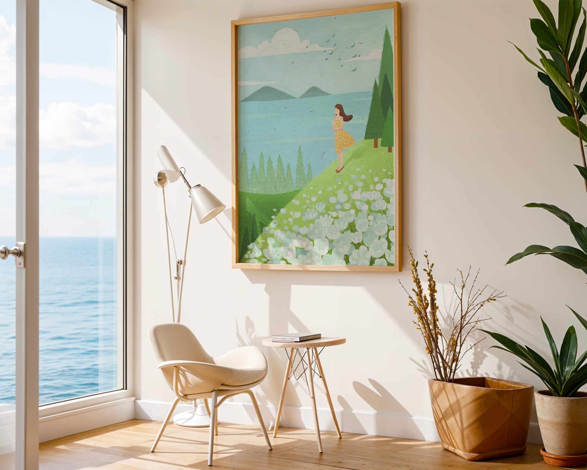 Mujer en vestido amarillo en la ladera con flores y árboles