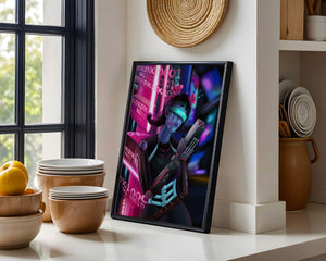 Futuristic Cyborg Woman in Digital Neon Landscape - Mi tienda
