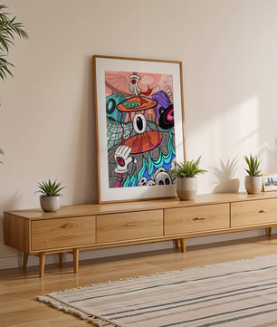 Ilustración abstracta surrealista colorida con un ojo vívido y elementos surrealistas