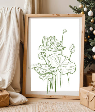 Botanische Illustration einer Lotusblume mit grüner Strichzeichnung auf weißem Hintergrund
