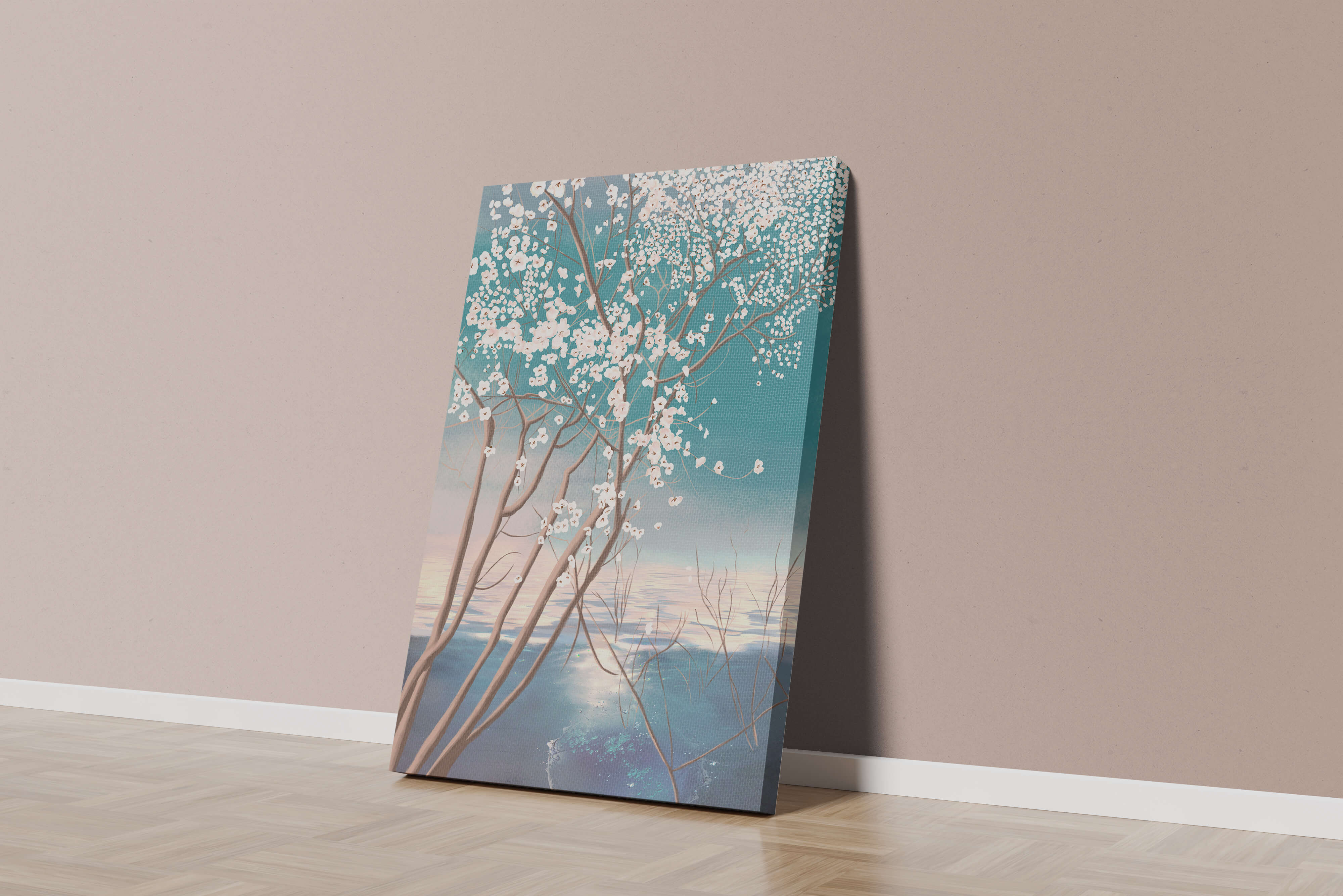 Serene landscape with blossoming tree over calm water reflection