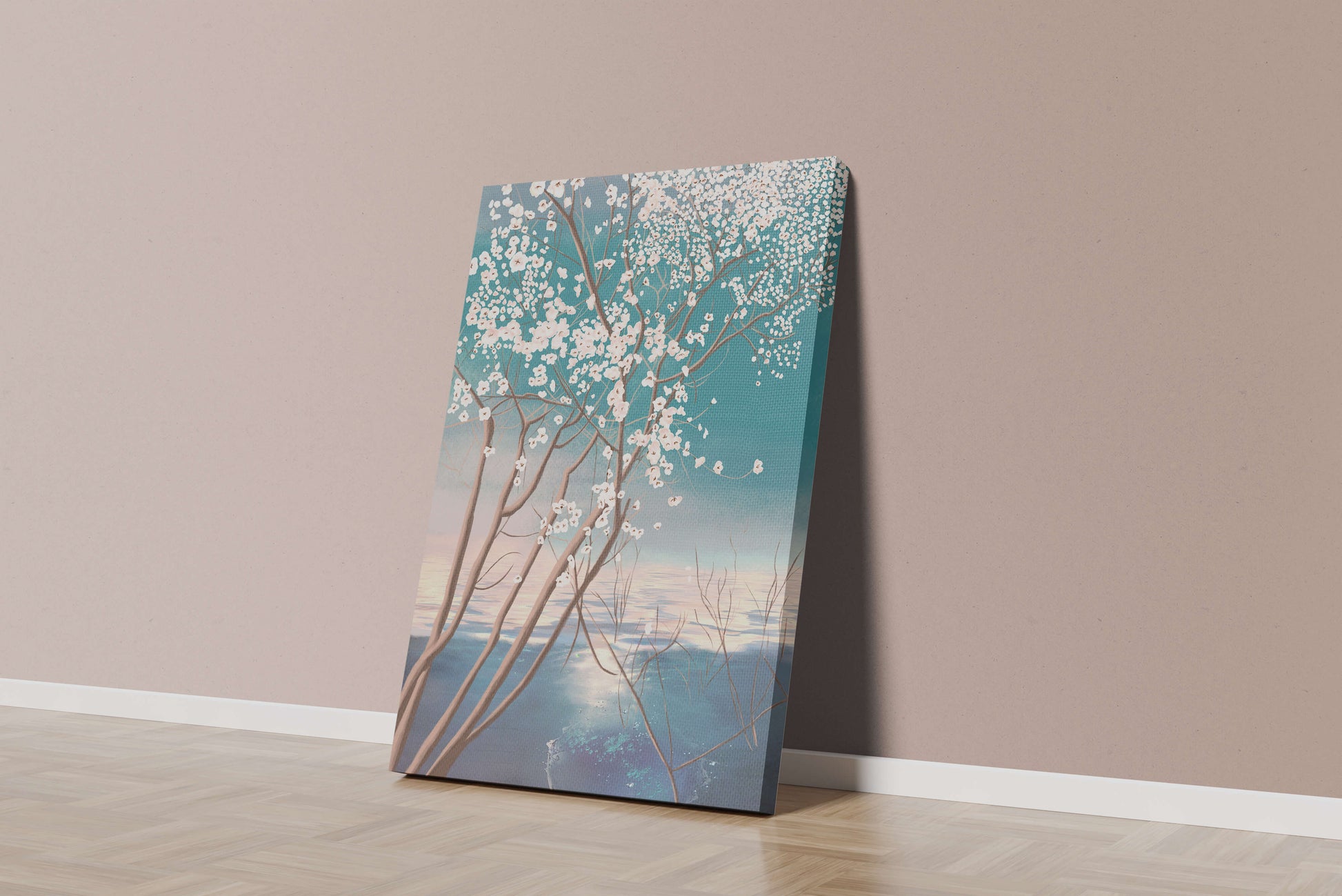 Serene landscape with blossoming tree over calm water reflection