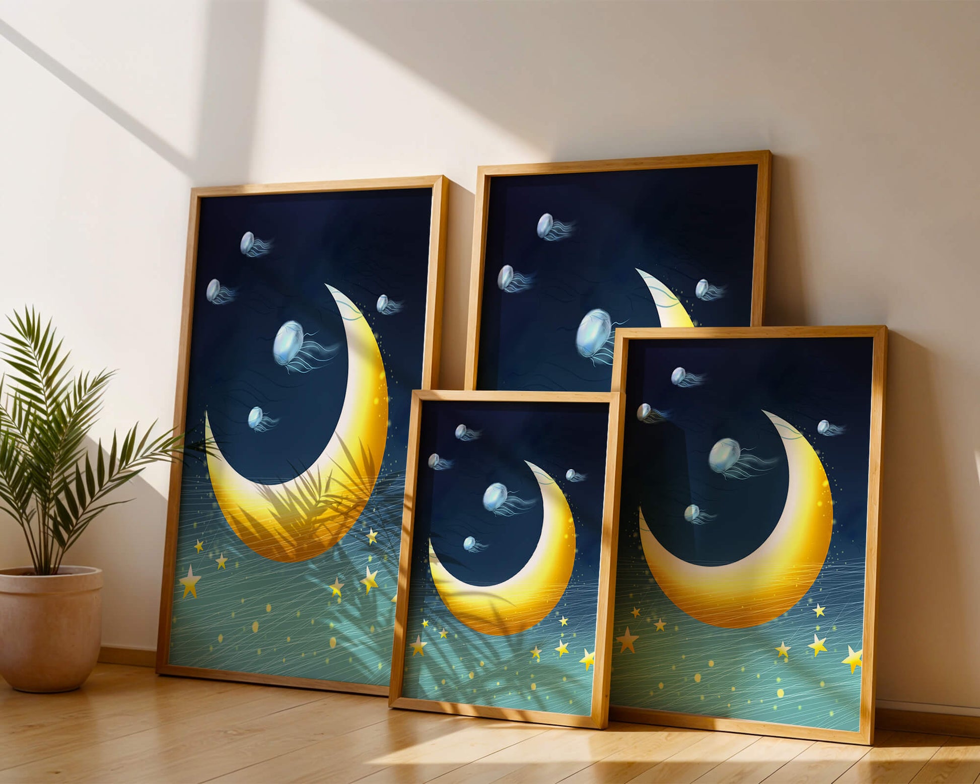 Night sky with golden crescent moon and jellyfish drifting