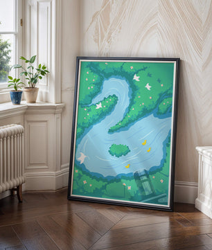 Serene River with Ducks and Birds in a Lush Landscape
