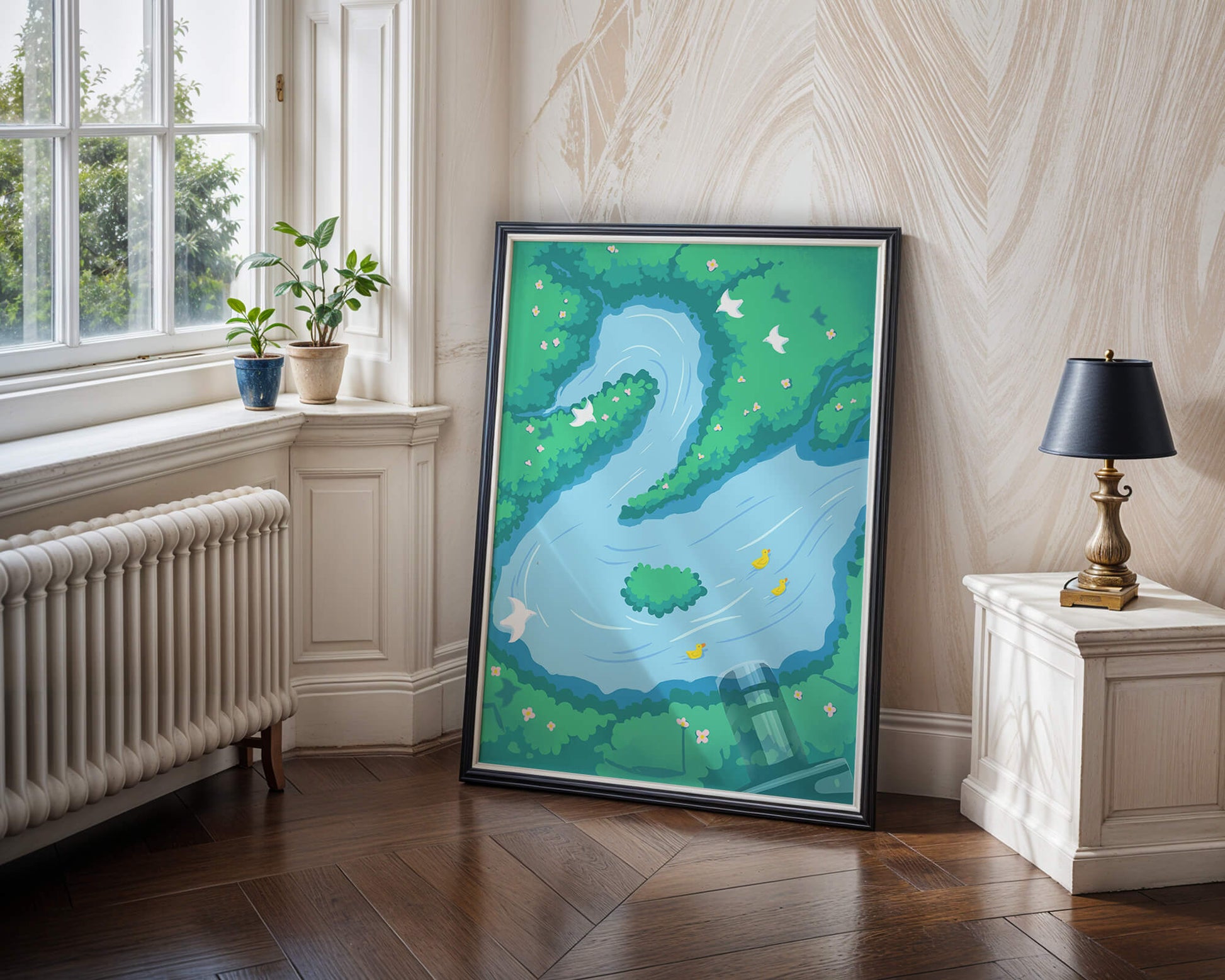 Río sereno con patos y aves en un paisaje exuberante