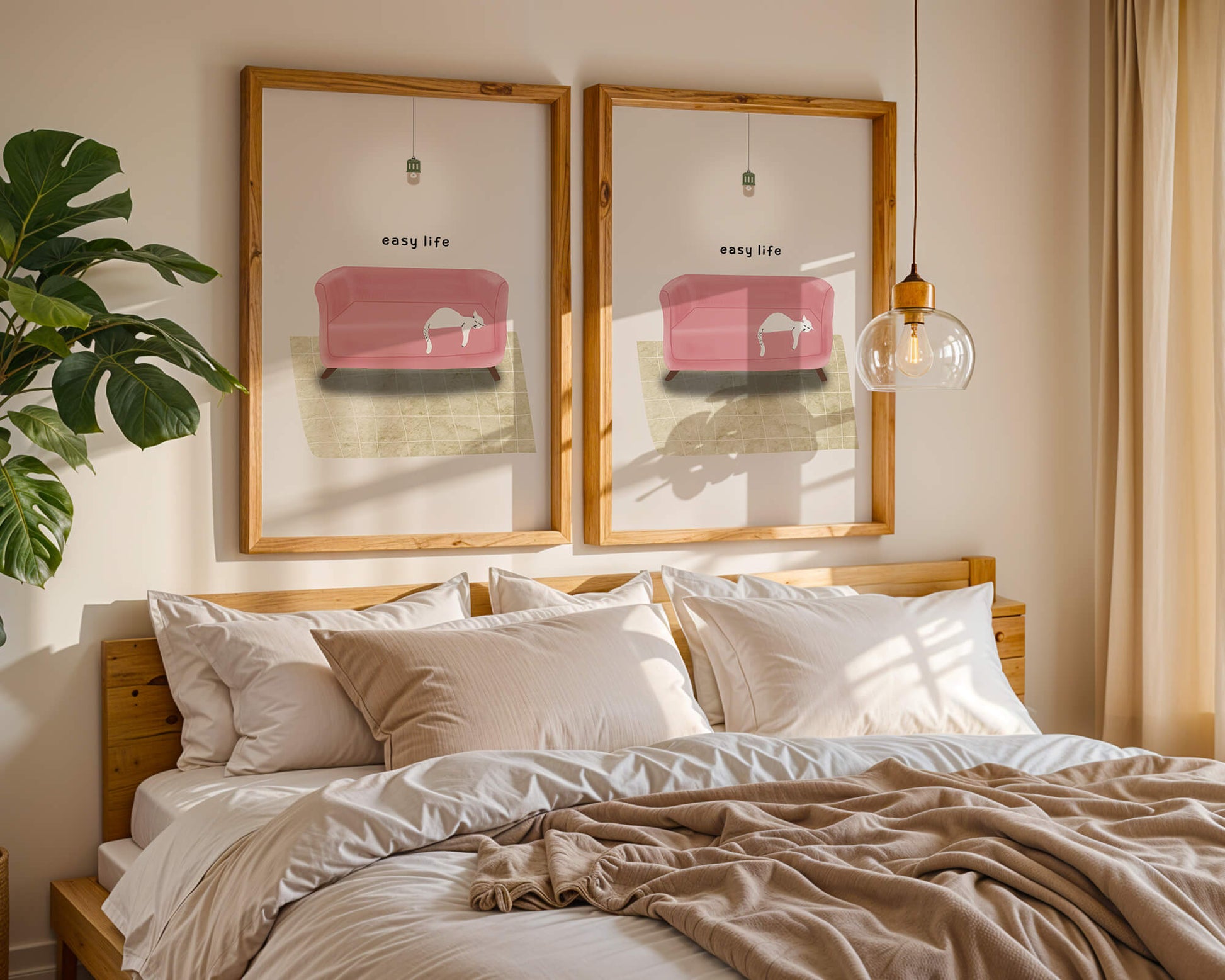 Interior minimalista con sofá rosa y gato blanco relajado