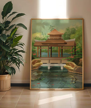 Traditional Japanese Garden Pavilion with Scenic Pond and Lush Greenery
