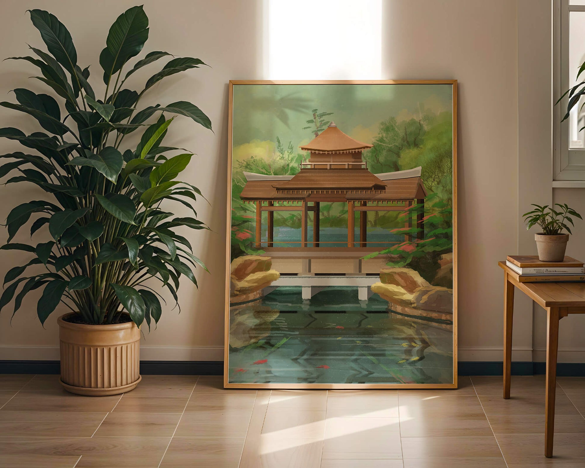 Traditional Japanese Garden Pavilion with Scenic Pond and Lush Greenery