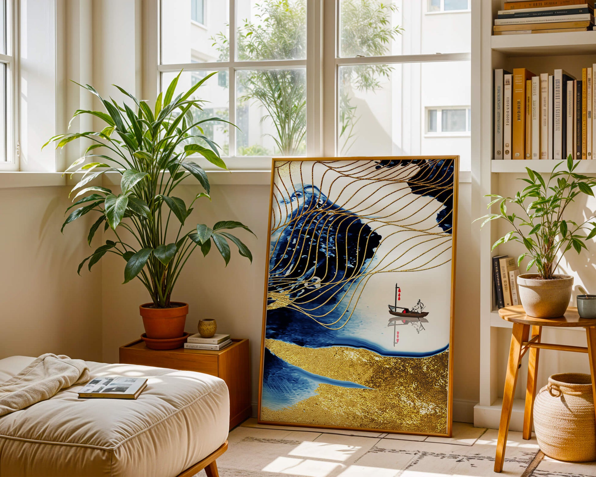 Paisaje abstracto con olas doradas y un barco solitario sobre fondo azul y blanco.