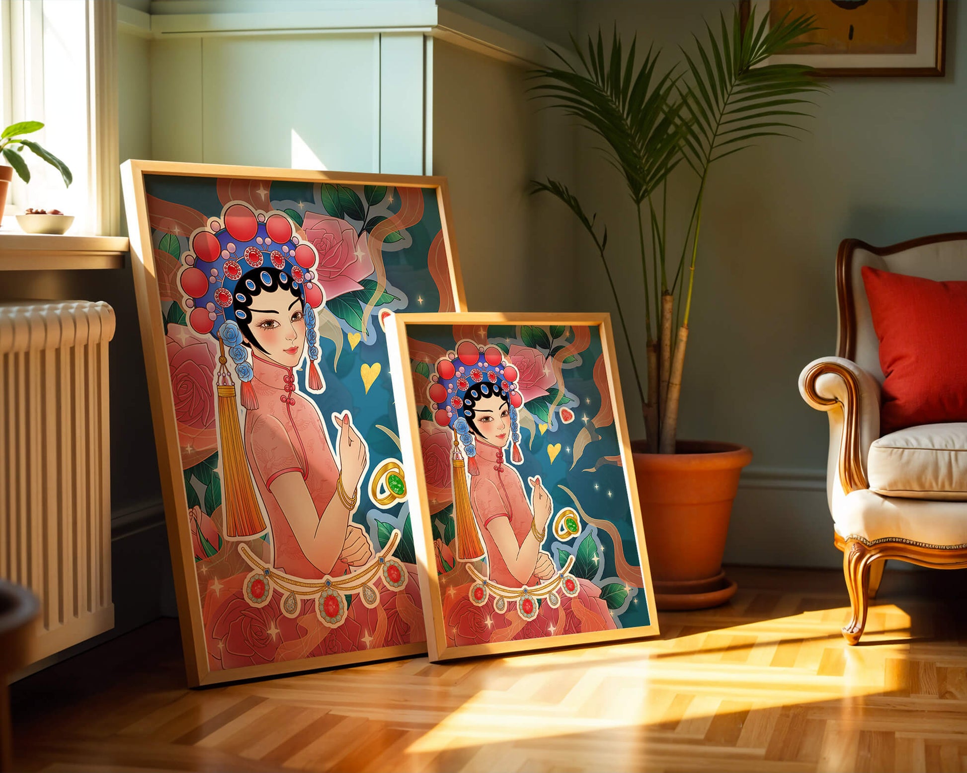 Traditional Asian-inspired illustration with jewelry and floral accents