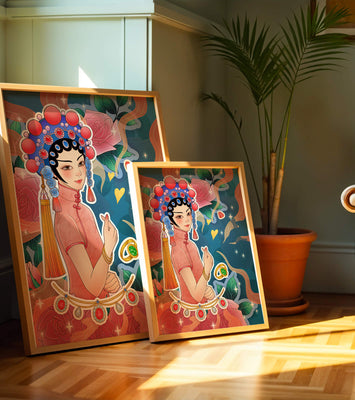 Traditional Asian-inspired illustration with jewelry and floral accents