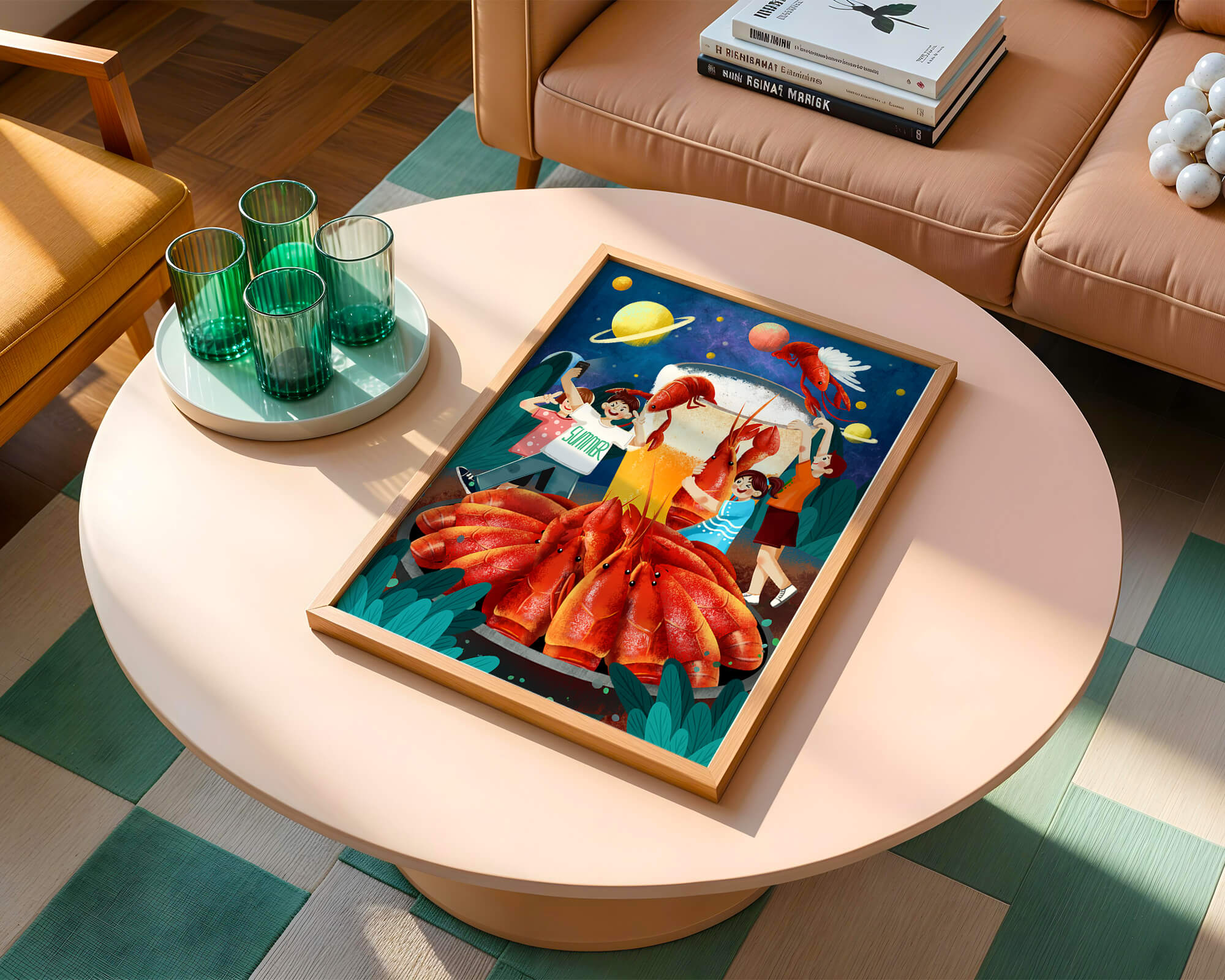 Fantasy illustration with cosmic lobsters and friends enjoying a summer feast