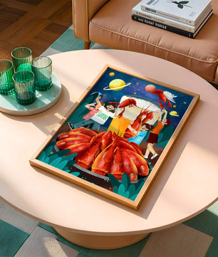Ilustración de fantasía con langostas cósmicas y amigos disfrutando de un banquete de verano